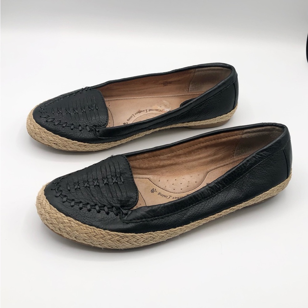 Sofft Black Leather Espadrille Slip On Sandals Flats Huarache Women’s Size 8.5